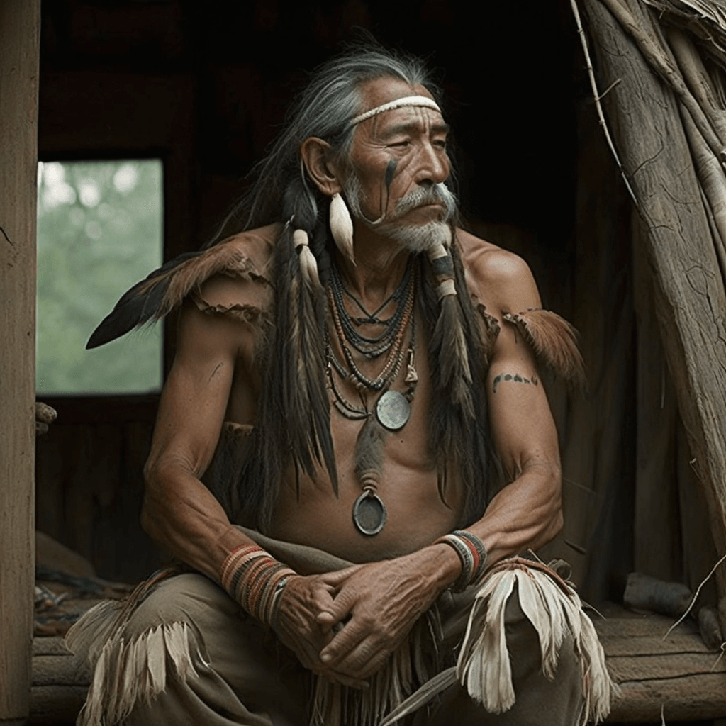 un chaman amérindien exorciste assis dans sa hutte (1)